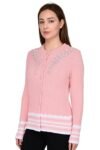 Women's Pink Ribbed Cardigan with Floral Embroidery, Button Front, Long Sleeve, Striped Hem Detail