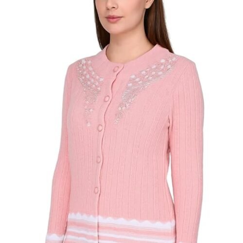 Women's Pink Ribbed Cardigan with Floral Embroidery, Button Front, Long Sleeve, Striped Hem Detail