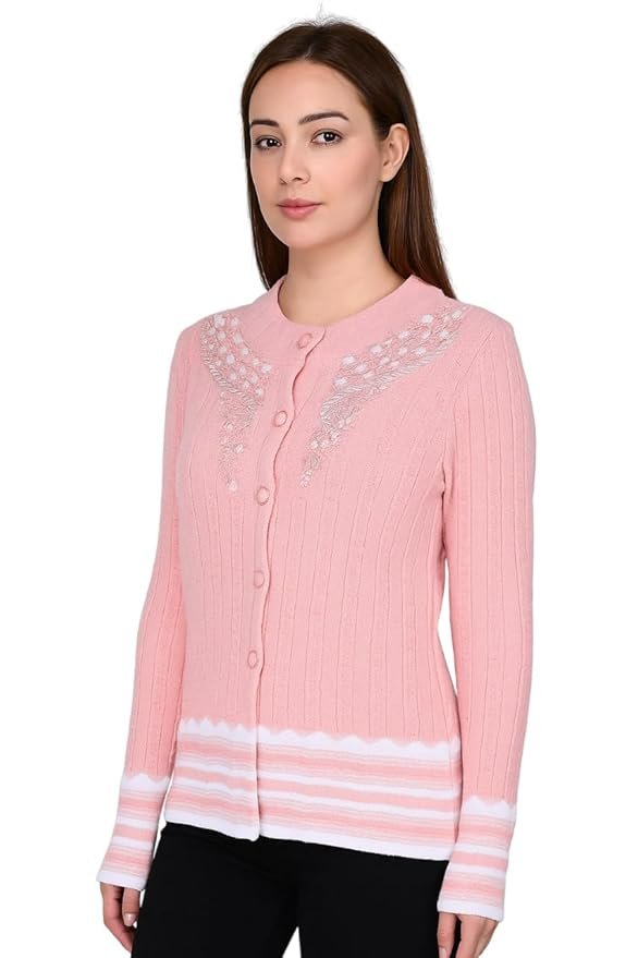 Women's Pink Ribbed Cardigan with Floral Embroidery, Button Front, Long Sleeve, Striped Hem Detail