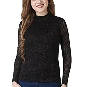 POPWINGS Casual Black-Golden Shimmer Net Top for Women || Full-Sleeves Halter-Neck Women Top for Summer