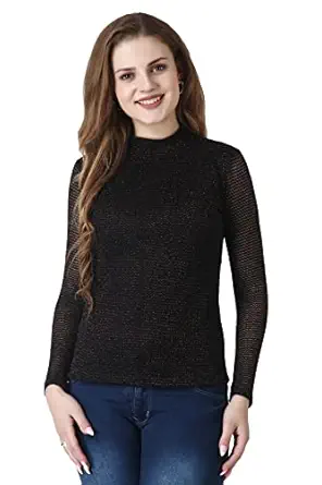 POPWINGS Casual Black-Golden Shimmer Net Top for Women || Full-Sleeves Halter-Neck Women Top for Summer