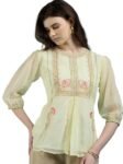 ALL YOURS Women's Chiffon Dobby Floral Embroidered Round Neck Puff Sleeve Top A-line Top| Tops for Women Embroidery Tops for Women