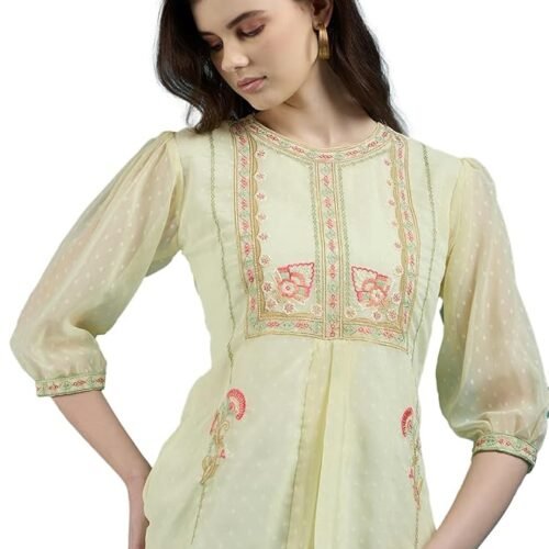 ALL YOURS Women's Chiffon Dobby Floral Embroidered Round Neck Puff Sleeve Top A-line Top| Tops for Women Embroidery Tops for Women