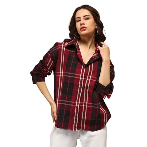 Campus Sutra Women's Polyester Blend Oversized Fit Shirt Buffalo-Check for Casual Wear | Spread Collar | Long Sleeves | Button Closure | Oversized Shirt Crafted with Comfort Fit for Everyday Wear