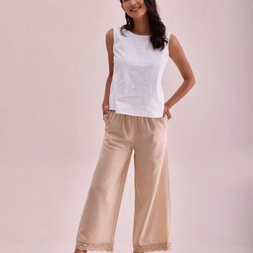 GO COLORS Women's Solid Mid Rise Linen Relaxed Fit Wide Pant