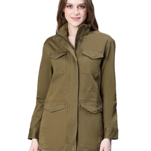 oxolloxo Women Collared Snap Buttoned Long Sleeve Cotton Jacket