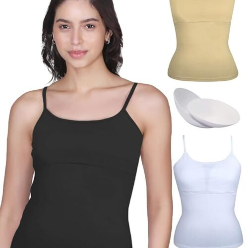 DChica Essentials Padded Camisole Bra for Young Women, Sleeveless Undershirts Cami Vest with Adjustable Straps, Cotton Camisole Tank Top/Innerwear for Women_Solid Pattern