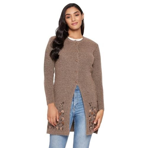 Clapton Embroidered Cable Knit Pure Wool Cardigan, Regular Fit, Round Neck, Full Sleeves,