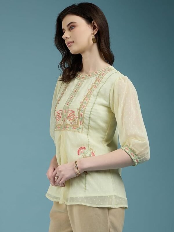 ALL YOURS Women's Chiffon Dobby Floral Embroidered Round Neck Puff Sleeve Top A-line Top| Tops for Women Embroidery Tops for Women