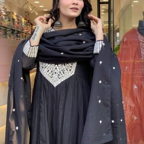 Naixa Women's Silk Chiffon Embroidered A-Line Kurta with Rayon Pant and Silk Chiffon Laced Dupatta Sets (Available in Plus Size) (NX-661)