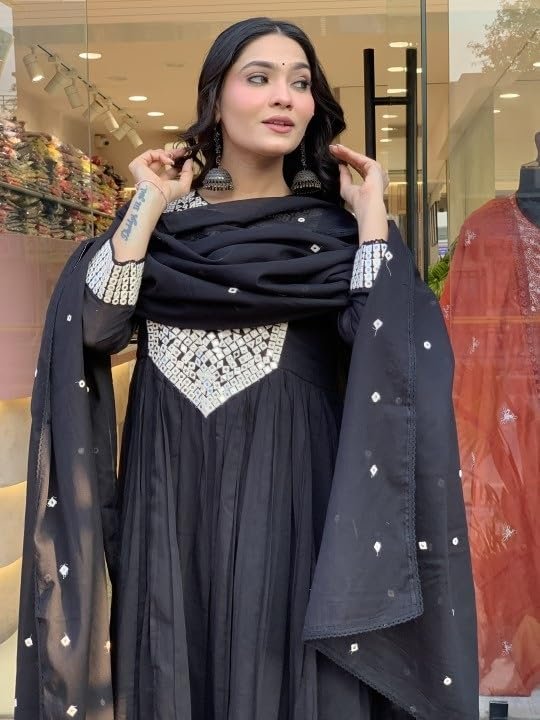 Naixa Women's Silk Chiffon Embroidered A-Line Kurta with Rayon Pant and Silk Chiffon Laced Dupatta Sets (Available in Plus Size) (NX-661)