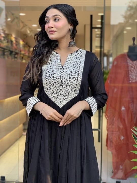 Naixa Women's Silk Chiffon Embroidered A-Line Kurta with Rayon Pant and Silk Chiffon Laced Dupatta Sets (Available in Plus Size) (NX-661)