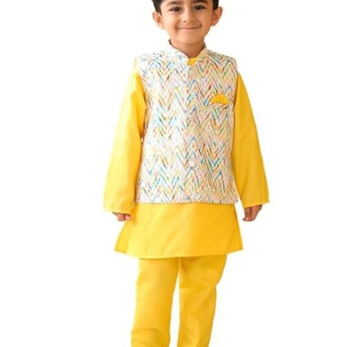 superminis Boys Cotton Printed Gota Work Kurta Pyjama with Jacket Ethnic Wear Set