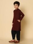 KISAH Boy's Maroon Jacquard Silk Blend Kurta- Regular Fit with Mandarin Collar|Traditional Indian