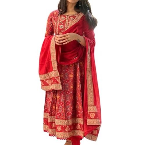 Women's Cotton Anarkali Embroidery Designer Long Anarkali Kurti with Pant and Dupatta Set