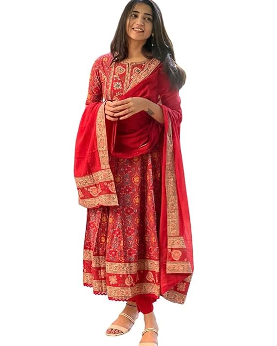 Women's Cotton Anarkali Embroidery Designer Long Anarkali Kurti with Pant and Dupatta Set