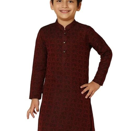 KISAH Boy's Maroon Jacquard Silk Blend Kurta- Regular Fit with Mandarin Collar|Traditional Indian