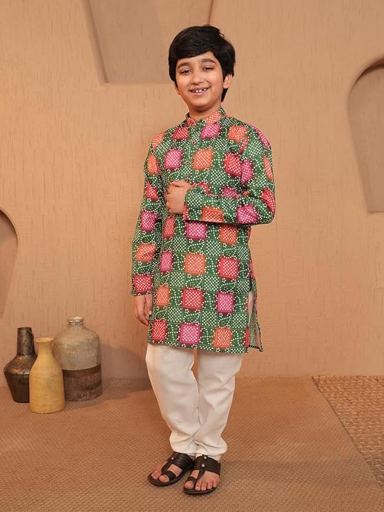 VASTRAMAY Boy's Silk Blend Printed Kurta Pyjama Set