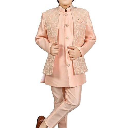 AHHAAAA Kids Ethnic Silk Blend Waistcoat Kurta Pyjama Sherwani Set For Boys