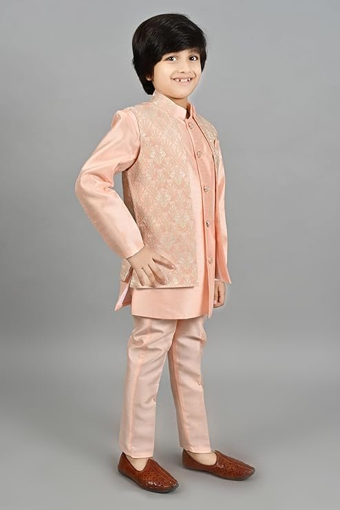AHHAAAA Kids Ethnic Silk Blend Waistcoat Kurta Pyjama Sherwani Set For Boys