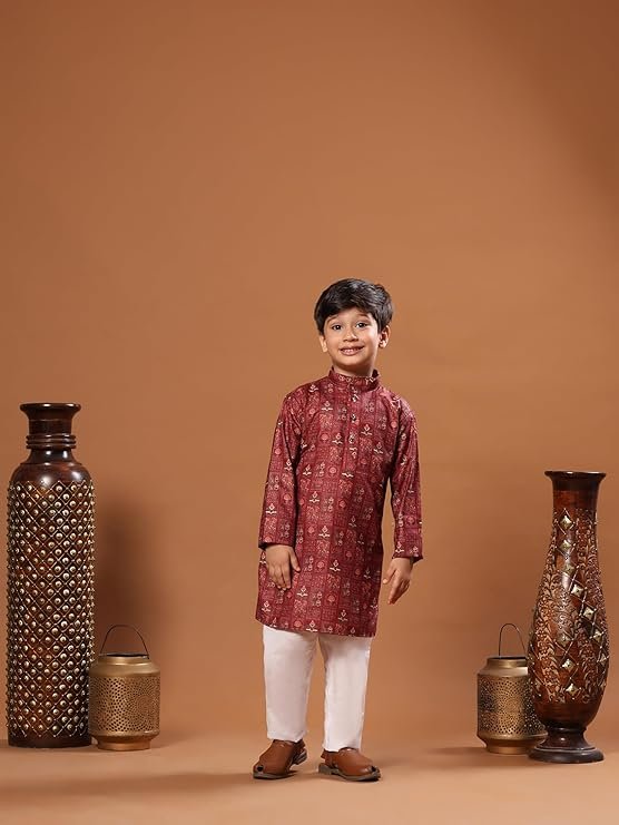 VASTRAMAY Boys' Muslin Kurta Patiala Set – Digital Floral Print, Eid Special Ethnic Wear