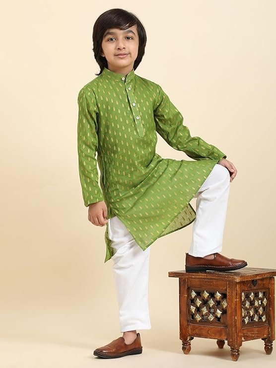 Superminis Boy's Rayon Kurta with Mirror Embroidery and Pyjama with Elastic Closure