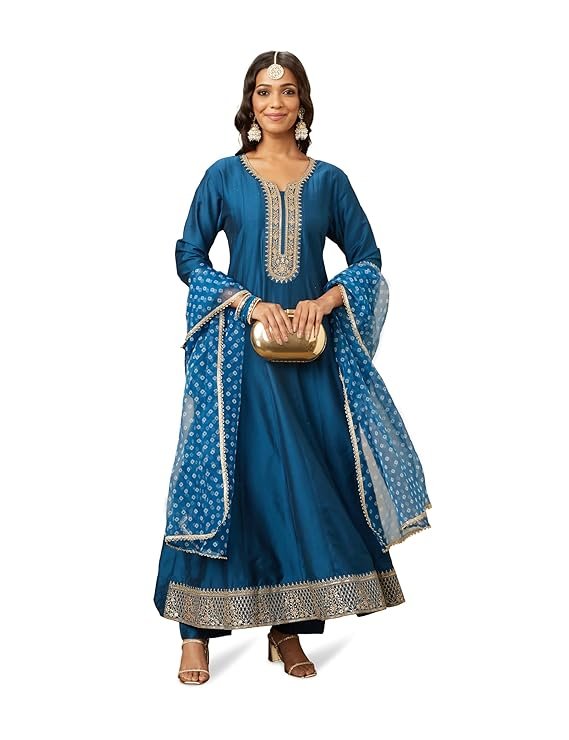 Myx Women's Embroidered Anarkali Kurta Pant Set with Organza Dupatta