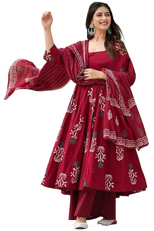 ANNI DESIGNER | Rayon Anarkali Printed Kurta Pant Dupatta Set