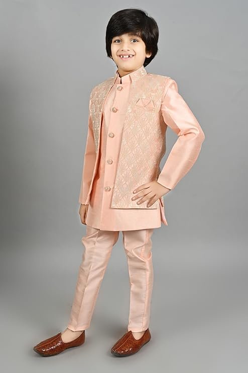 AHHAAAA Kids Ethnic Silk Blend Waistcoat Kurta Pyjama Sherwani Set For Boys