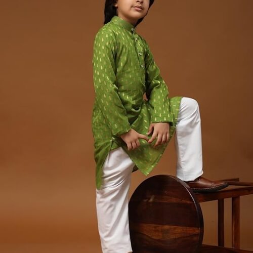 Superminis Boy's Rayon Kurta with Mirror Embroidery and Pyjama with Elastic Closure