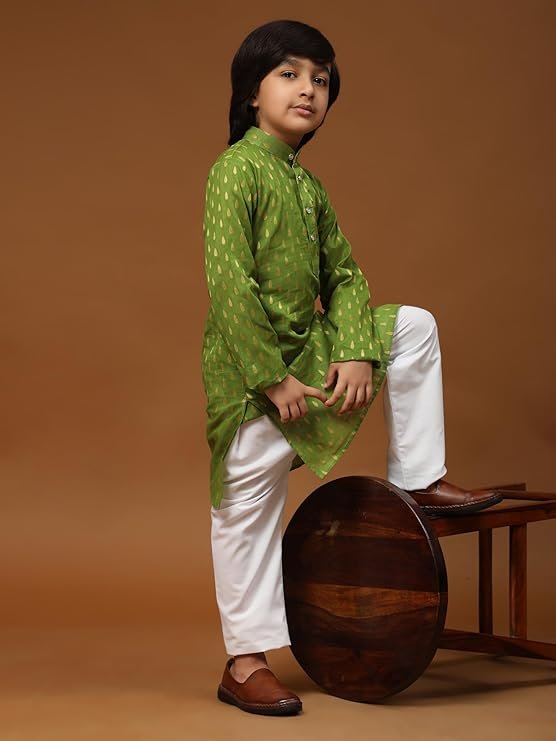 Superminis Boy's Rayon Kurta with Mirror Embroidery and Pyjama with Elastic Closure