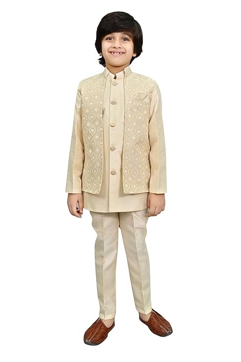 AHHAAAA Kids Indian Ethnic Velvet Waistcoat Silk Kurta Pyjama Set Bollywood Style Wedding Ethnic for Boys