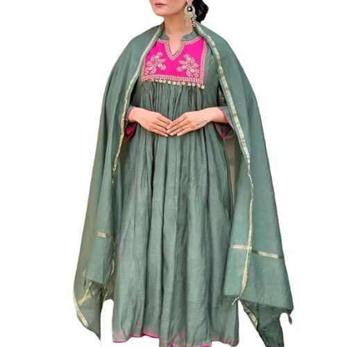 GoSriKi Women's Rayon Viscose Embroidered Anarkali Kurta with Pant & Dupatta