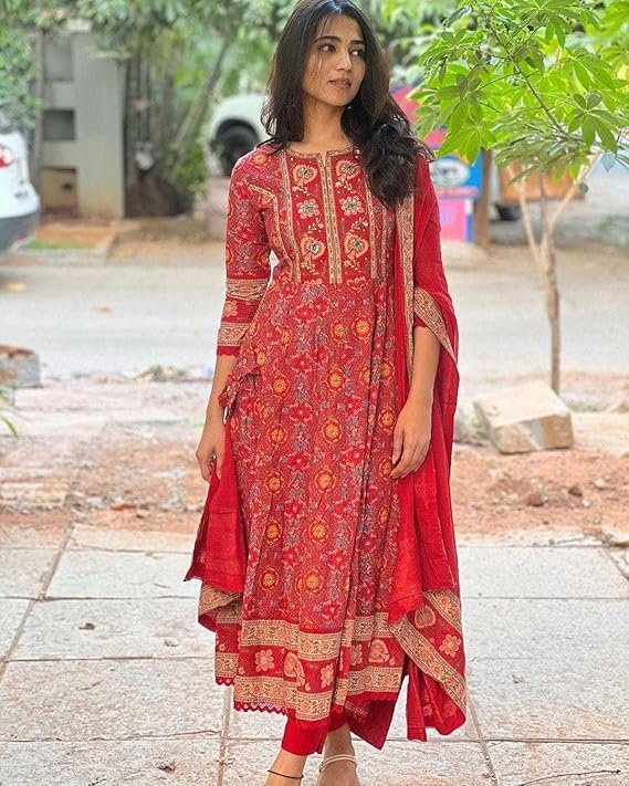 Women's Cotton Anarkali Embroidery Designer Long Anarkali Kurti with Pant and Dupatta Set