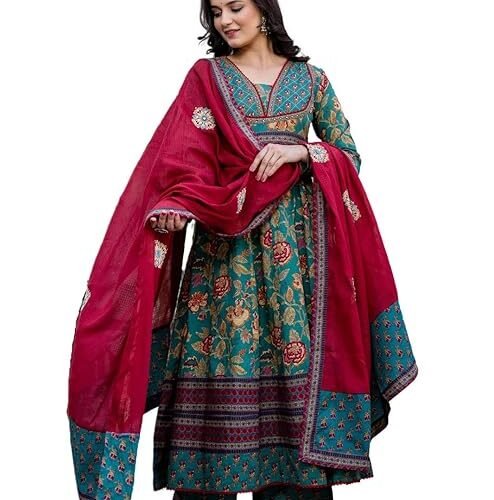 Pistaa's Women's Pure Cotton Anarkali Floral Printed Kurta with Palazzo & Dupatta Set
