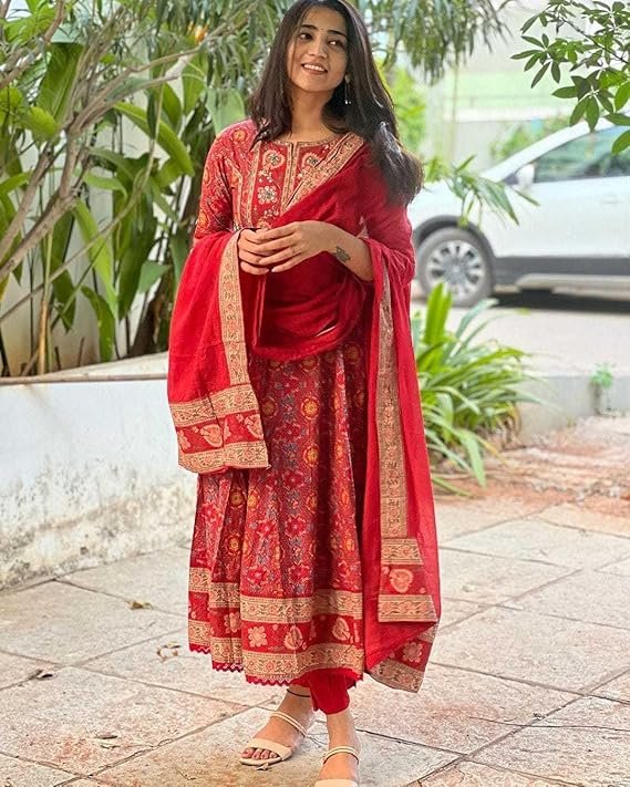 Women's Cotton Anarkali Embroidery Designer Long Anarkali Kurti with Pant and Dupatta Set