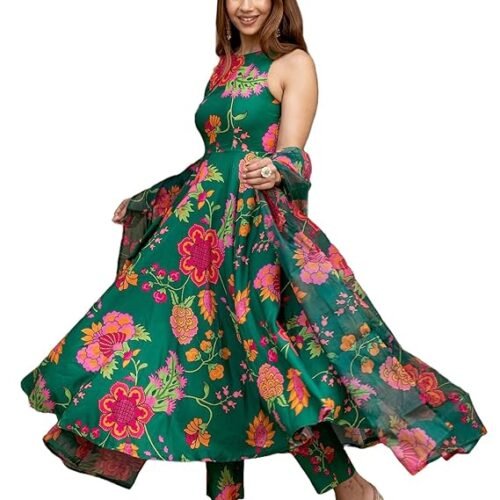 ANNI DESIGNER Women's Cotton Blend Anarkali Printed Kurta with Pant & Dupatta