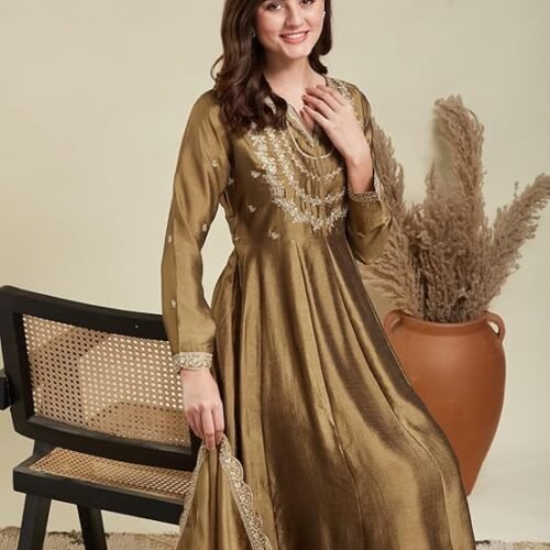 GoSriKi Women's Rayon Viscose Anarkali Printed Kurta with Palazzo & Dupatta