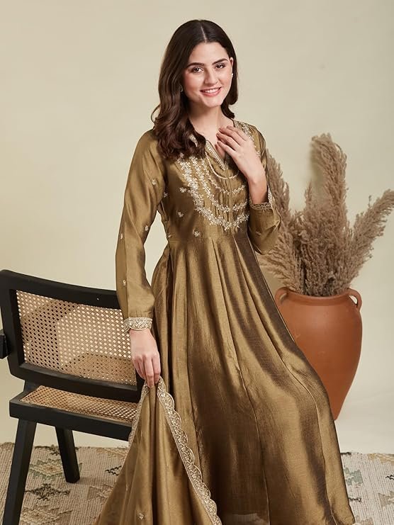 GoSriKi Women's Rayon Viscose Anarkali Printed Kurta with Palazzo & Dupatta