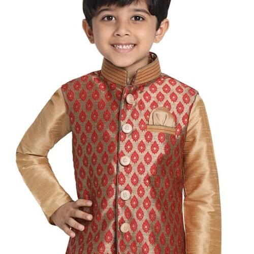 VASTRAMAY Black Cotton Silk Blend Boys Nehru Modi Jacket