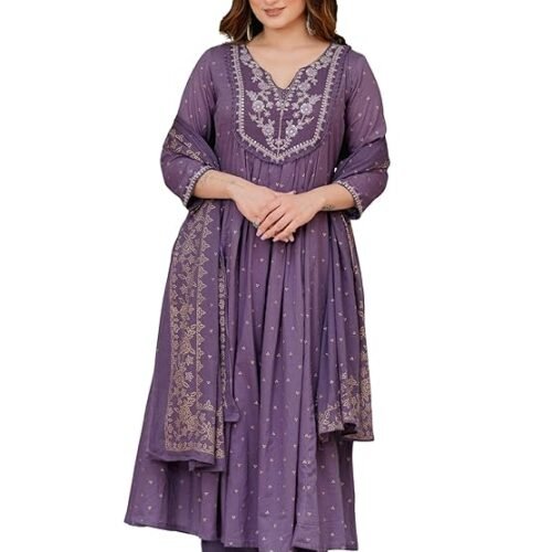 Amazon Brand - Myx Women's Embroidered Anarkali Kurta Pant Set with Organza Dupatta
