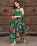 Women's Cotton Embroidery Anarkali Kurti and Pant with Dupatta Set