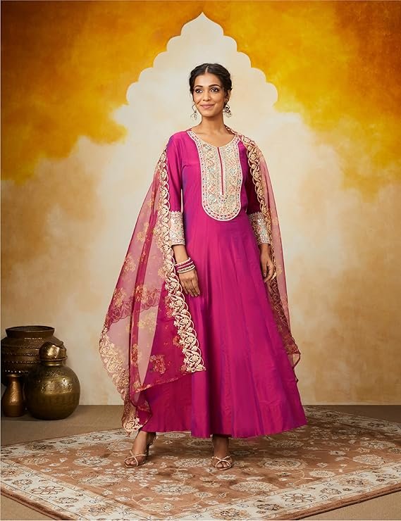 Myx Women's Embroidered Anarkali Kurta Pant Set with Organza Dupatta