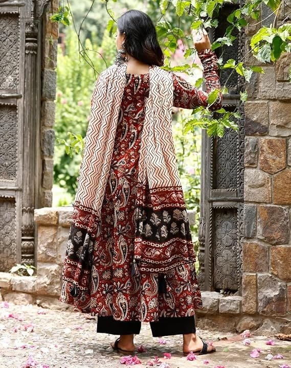 ANNI DESIGNER Women's Cotton Blend Anarkali Printed Kurta with Pant & Dupatta