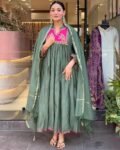 GoSriKi Women's Rayon Viscose Embroidered Anarkali Kurta with Pant & Dupatta