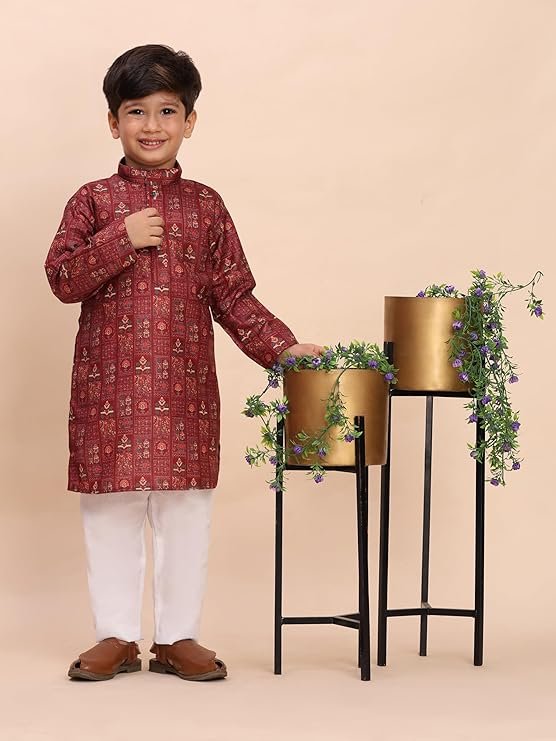 VASTRAMAY Boys' Muslin Kurta Patiala Set – Digital Floral Print, Eid Special Ethnic Wear
