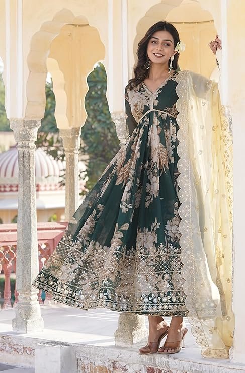 GoSriKi Women's Rayon Viscose Anarkali Solid Kurta with Pant & Dupatta