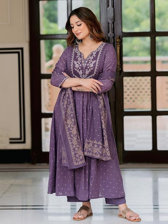 Amazon Brand - Myx Women's Embroidered Anarkali Kurta Pant Set with Organza Dupatta