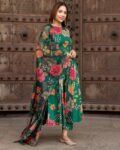 Women's Cotton Embroidery Anarkali Kurti and Pant with Dupatta Set