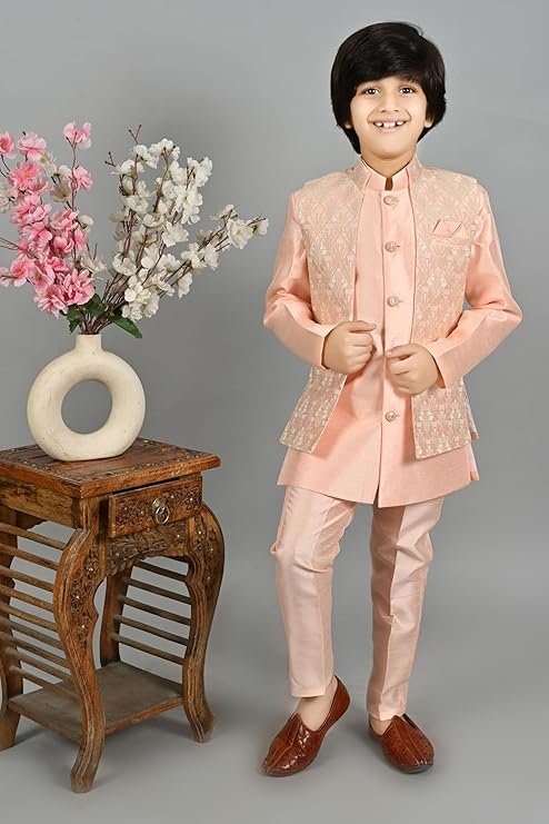 AHHAAAA Kids Ethnic Silk Blend Waistcoat Kurta Pyjama Sherwani Set For Boys